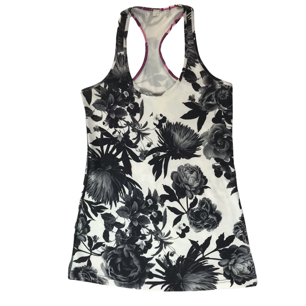 Lululemon Tank Top Racerback White with Black Roses Floral Print. Size Women's 8